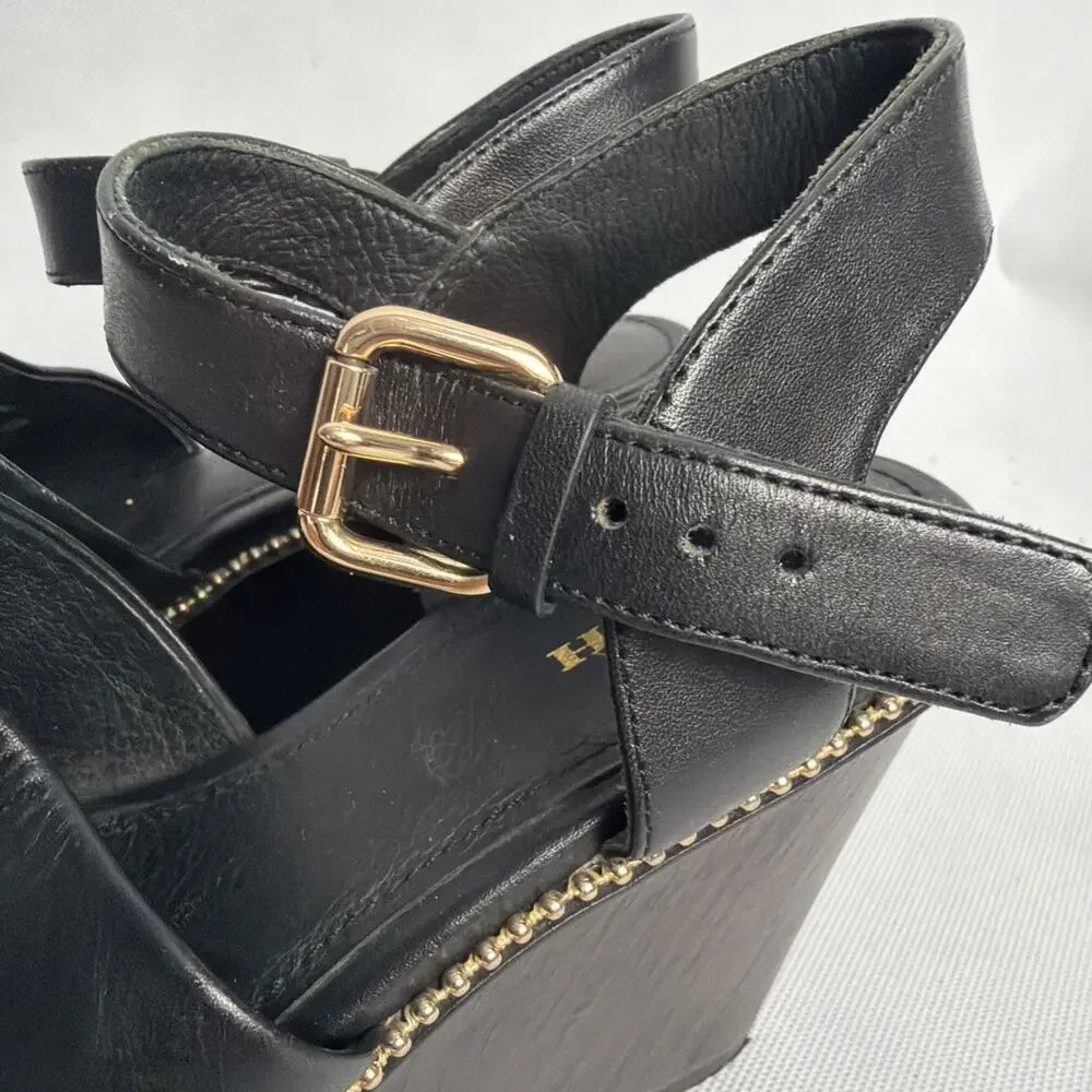 Coach Harla Black Leather Wood Wedge Platform Sandals
